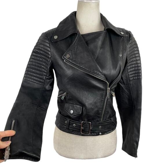 Zara Black Quilted Genuine Sheep Leather Cropped Moto Biker Blogger Jacket XS - Picture 8 of 16